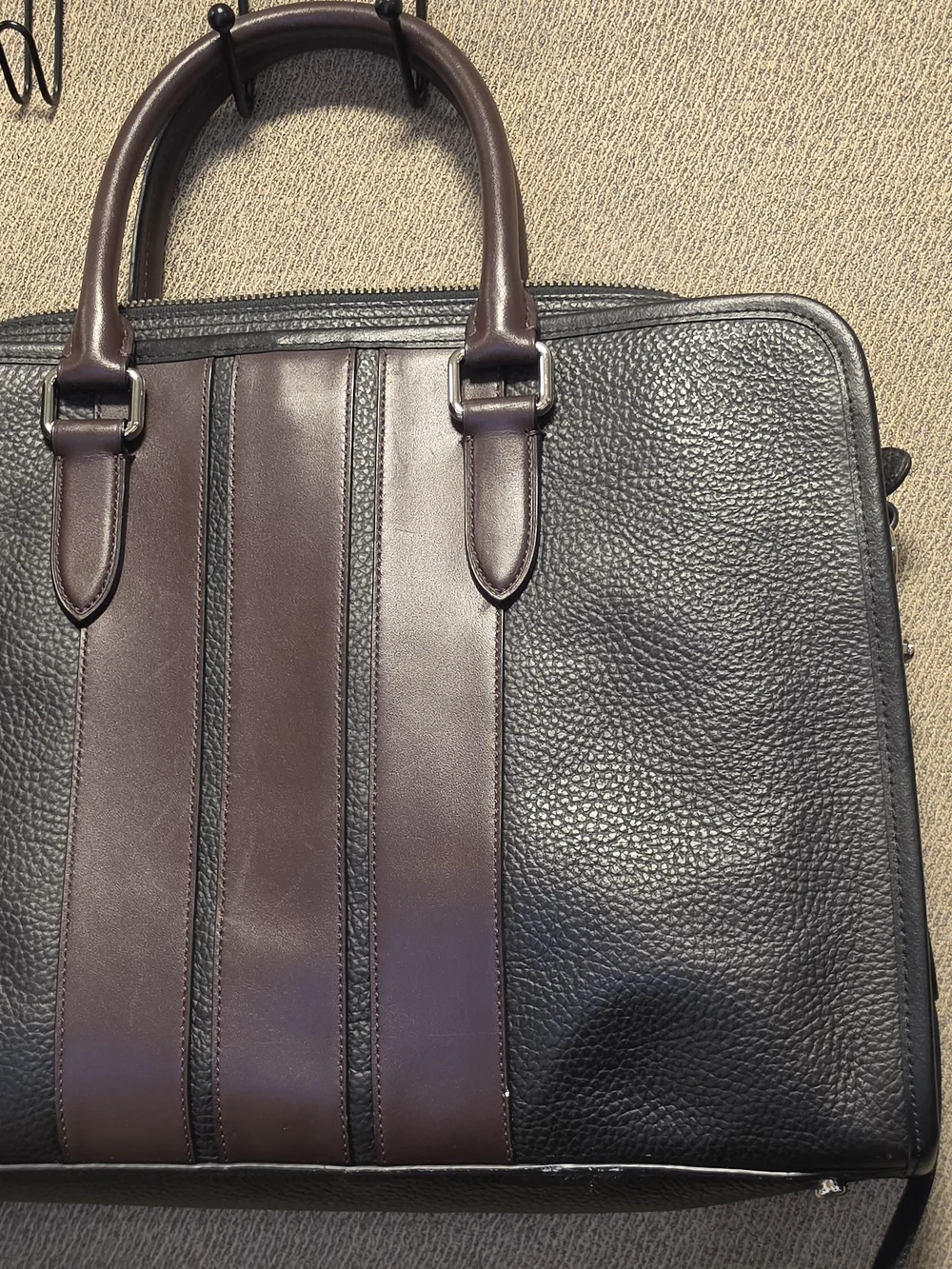 Coach Black Leather Briefcase with Burgundy Center Stripe